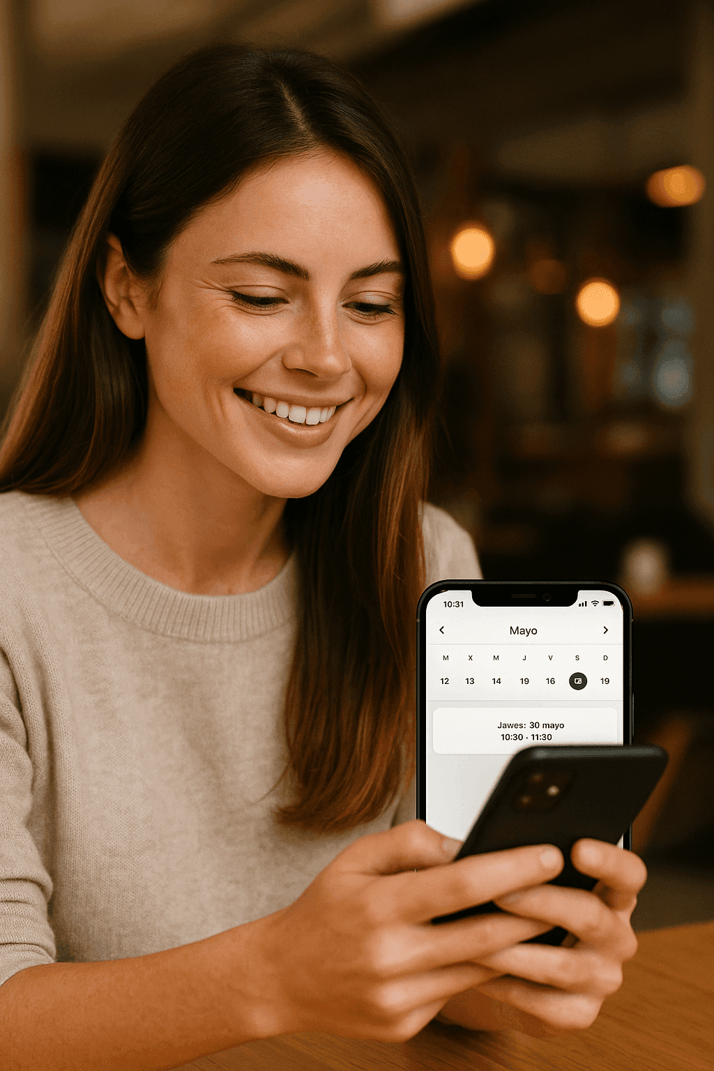 Mujer feliz mirando su celular con turno confirmado